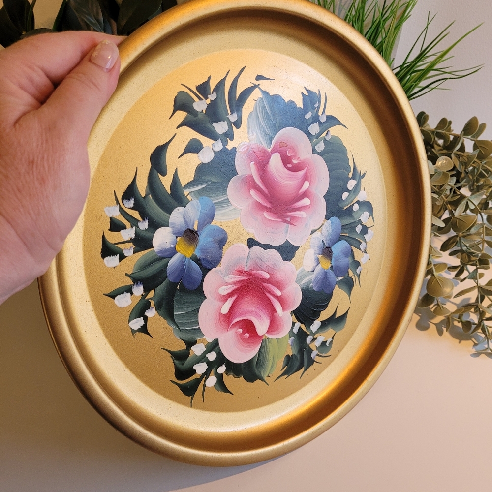Shabby Chic Tole Tray/Vintage Tole Painted Tray/Rustic Farmhouse Metal Tray